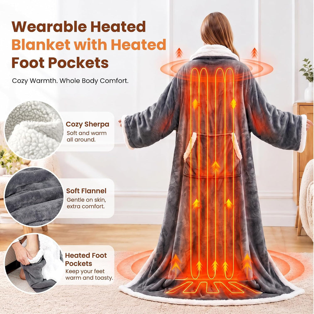Electric Flannel Wearable Heated Throw Blanket with Foot Pocket & Sleeves...