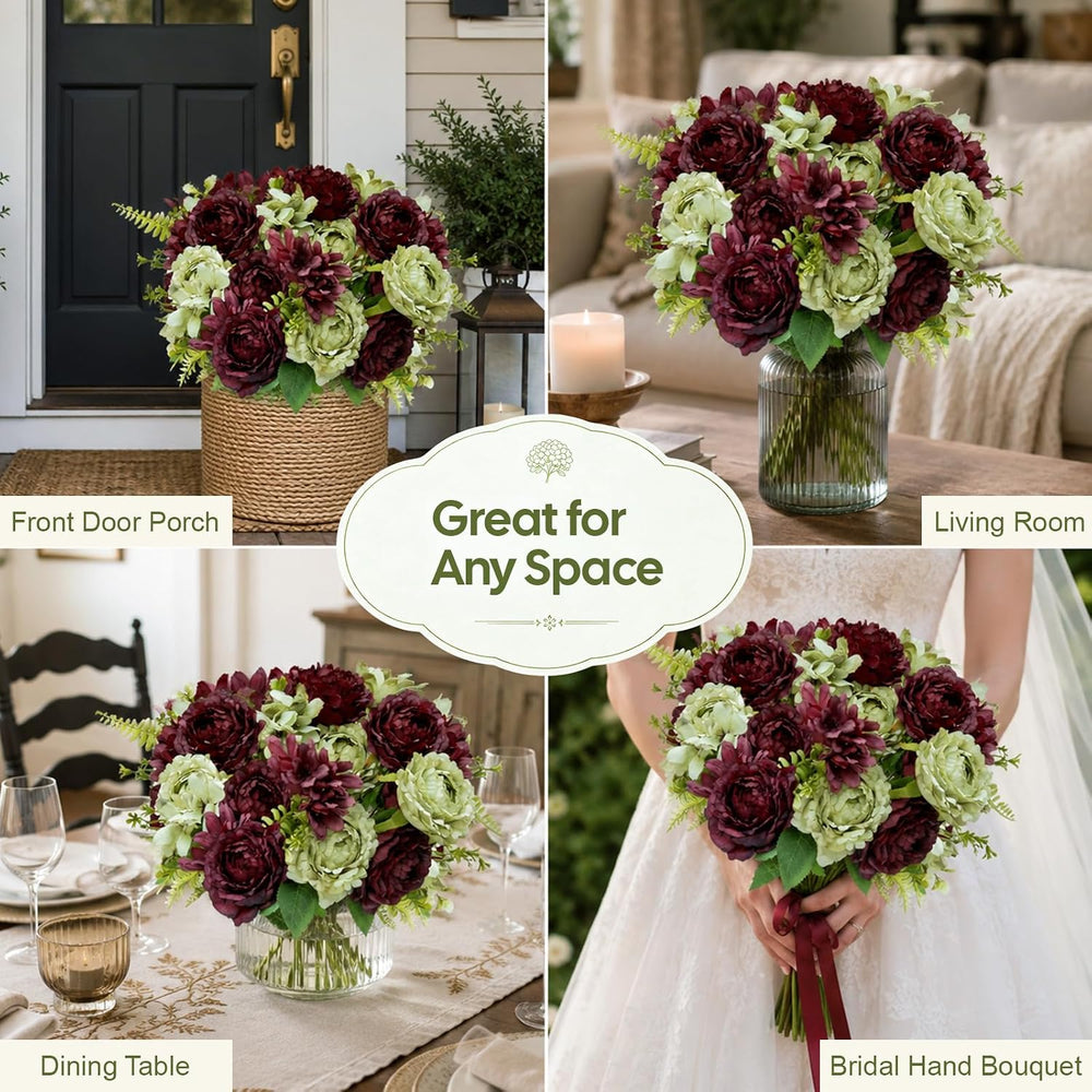 Burgundy Peonies Artificial Flowers Faux Fall Bouquet 17" for Vase, 3 PCS