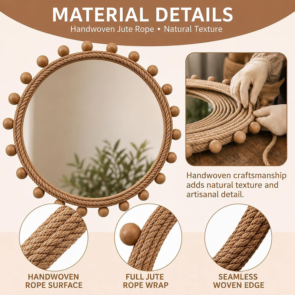 30" Round Jute Rope Wall Mirror with 2-Inch Rubberwood Beads