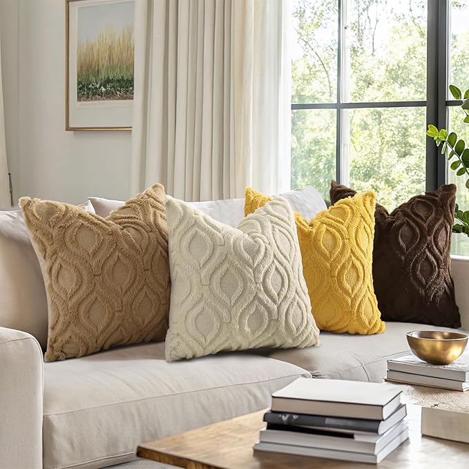 decorUhome Throw Pillow Covers 20x20 Inch Set of 2, Soft Plush Faux Wool Khaki - Image 2