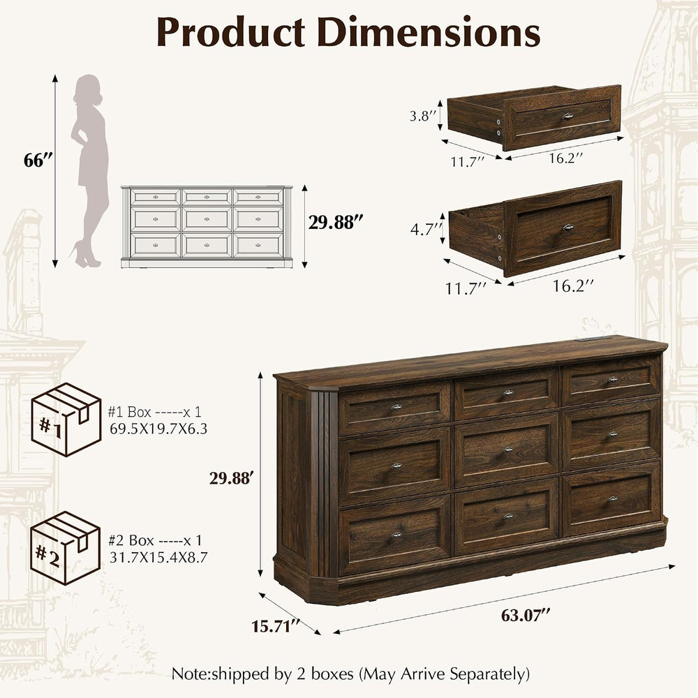 Farmhouse 9 Drawers Walnut Dresser for Bedroom, 63.07" Wide Chest of Dra...