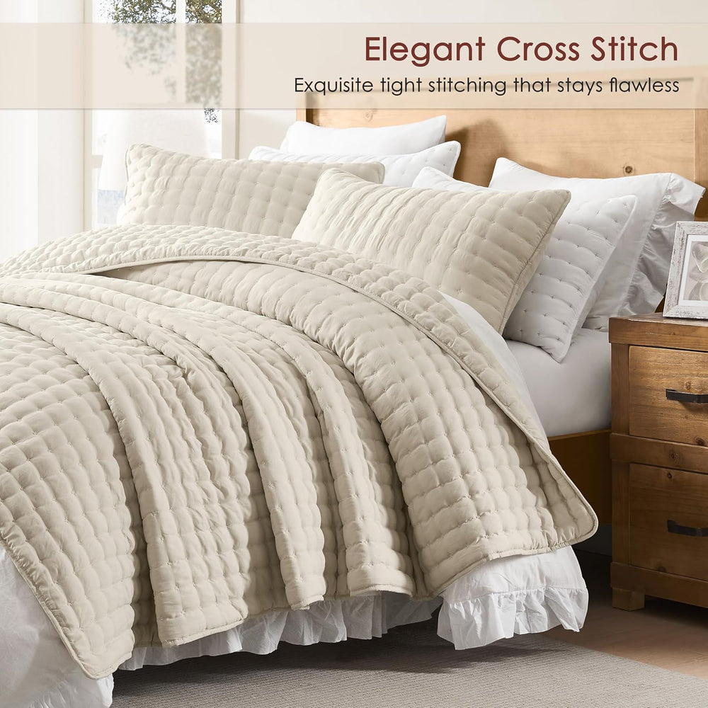 WDCOZY Cloud Soft Quilt Set, Queen Size, Light Beige, 3 Pieces 90x90 inches
