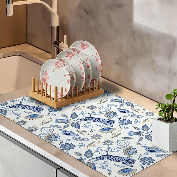 Blue and White Floral Tiger Dish Drying Mat, Chinoiserie Tiger Coffee Bar Mat - Image 4