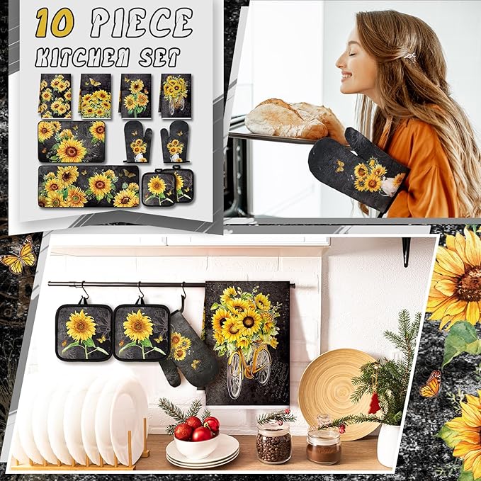 Fourluoo 10 Pcs Vintage Sunflower Kitchen Dish Towels Rugs Oven Mitts and Pot - Image 2