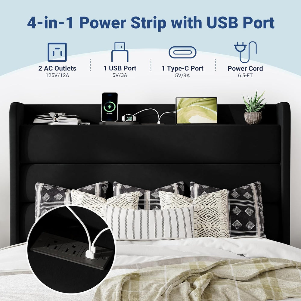 Allewie Full Size Upholstered Bed Frame with Charging Station, Black