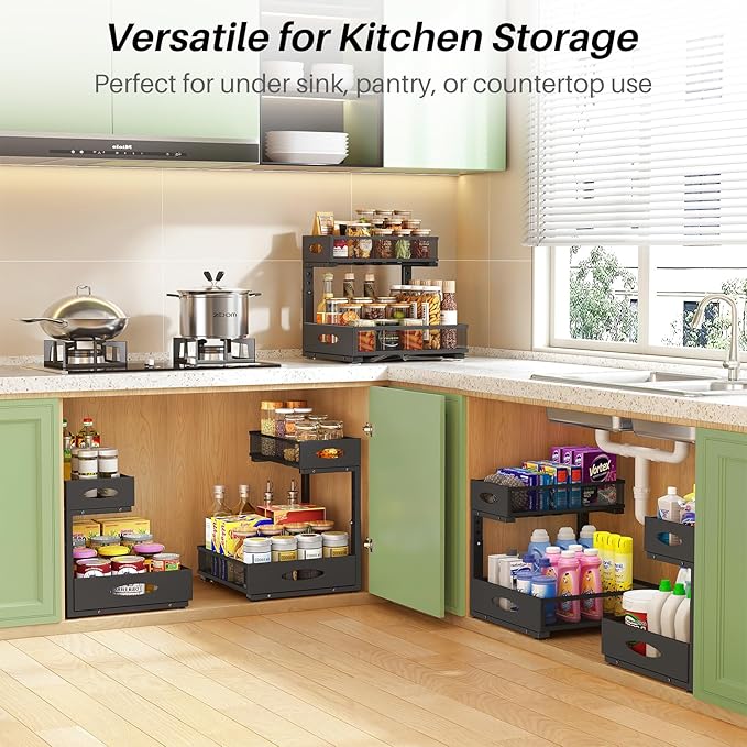 Under Sink Organizer, L-Shaped Adjustable Height, Mesh Sliding Drawer - Image 8