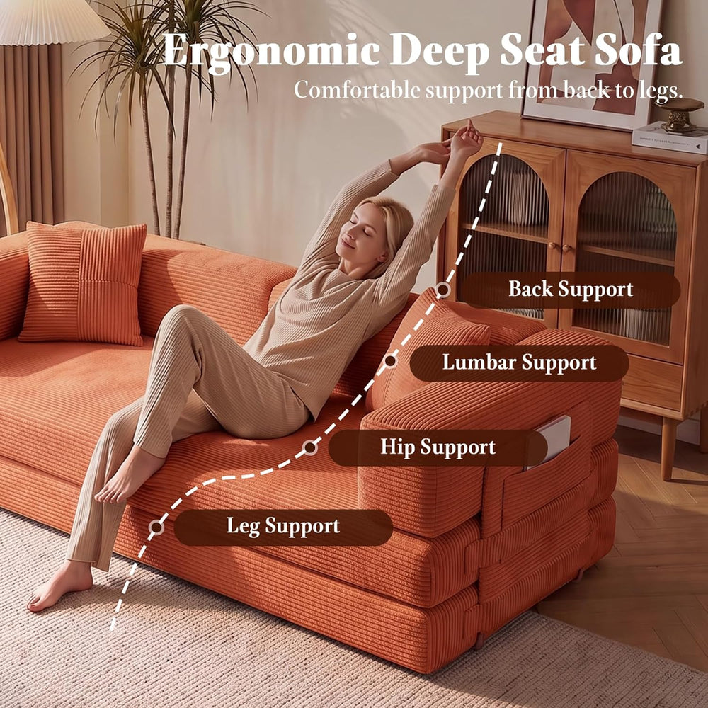 79.5" Convertible Floor Sofa Bed, 5-In-1 Corduroy Futon Couch, No Assembly