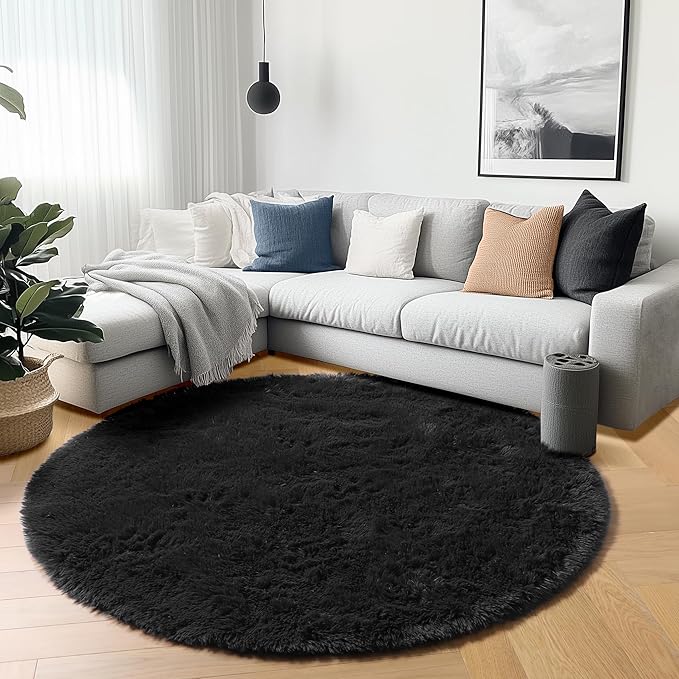 ONASAR Black Round Area Rugs 5ft, Soft Bedroom Circle Rug Floor Mats - Image 4