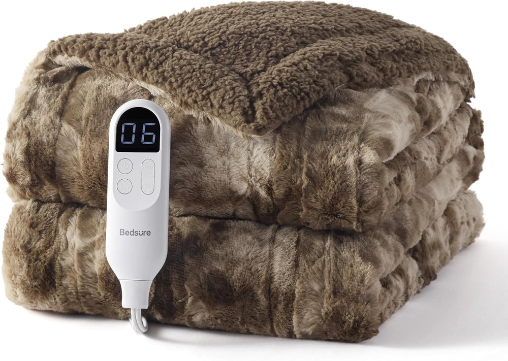 Bedsure Faux Fur Heated Blanket Throw, Tie-Dye Cozy Electric Blanket, Brown