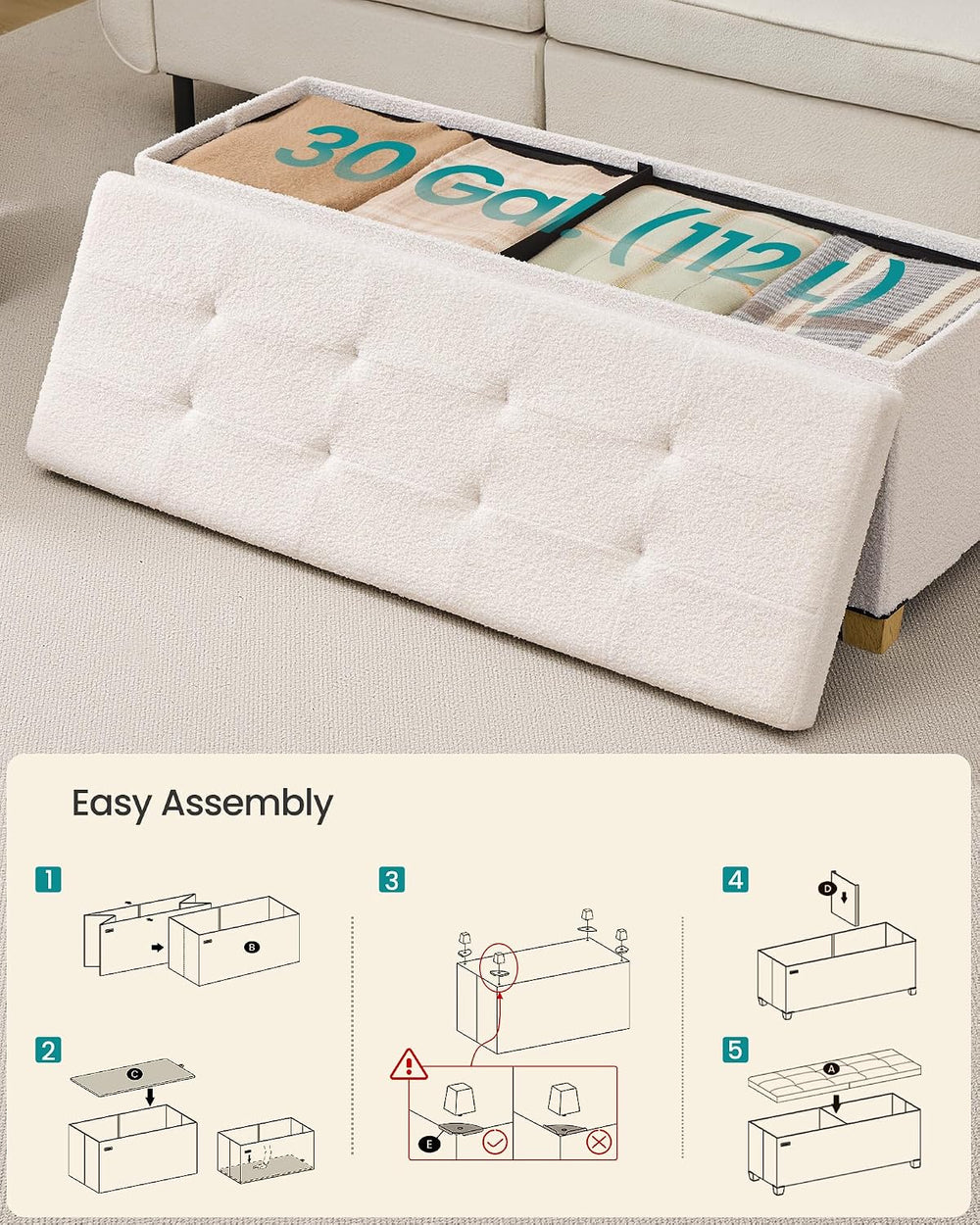 SONGMICS Storage Ottoman Bench with Legs, Flipping Lid, 43.3 Inches | Folding...