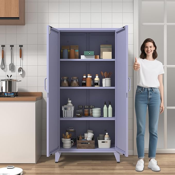 Heavy Duty 61" Lockable Pantry Cabinet, 2-Door 4-Tier Storage Cabinet wi...