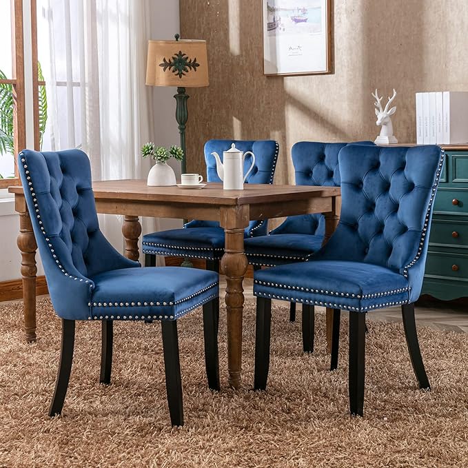Modern Dining Chairs Set of 2, Tufted Upholstered Dining Chair with Solid Woo...