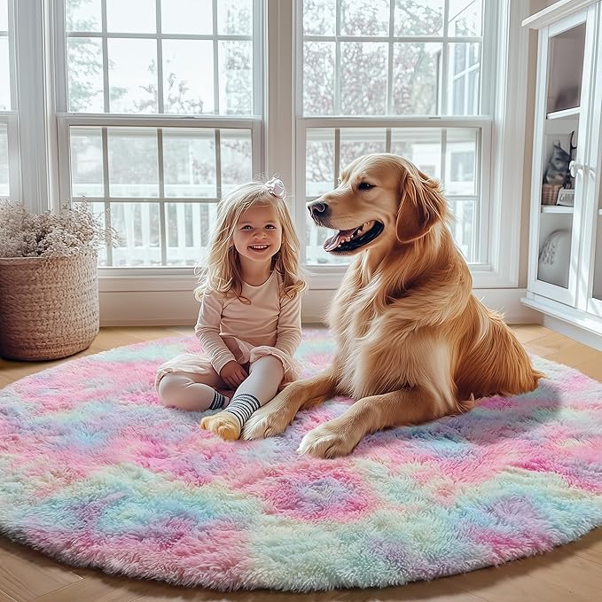 ONASAR Rainbow Round Rugs 6ft for Living Room Bedroom, Fluffy Circle Area Rug - Image 5