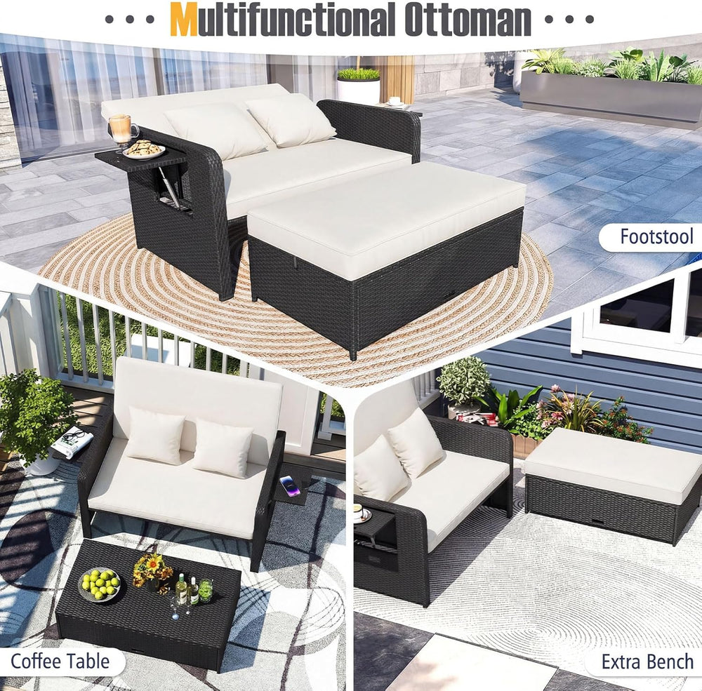 RELAX4LIFE Wicker Patio Outdoor Daybed - Rattan Day Bed Lounger w/Loveseat &a...