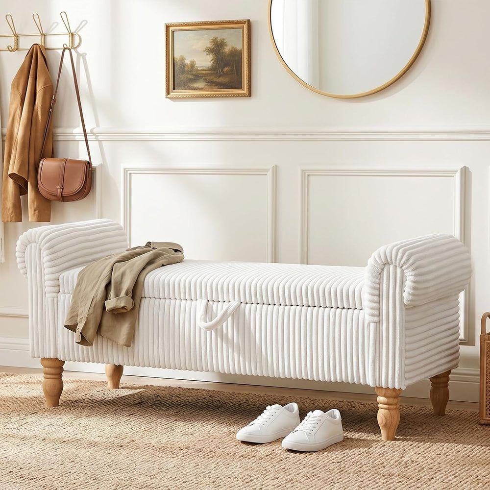 55" Storage Ottoman Bench, Corduroy End of Bed Bench for Bedroom, White ...