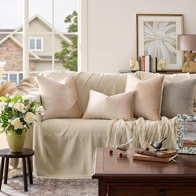 GIGIZAZA Beige Velvet Pillow Covers: Pack of 2 Super Soft Throw Pillows Solid - Image 2