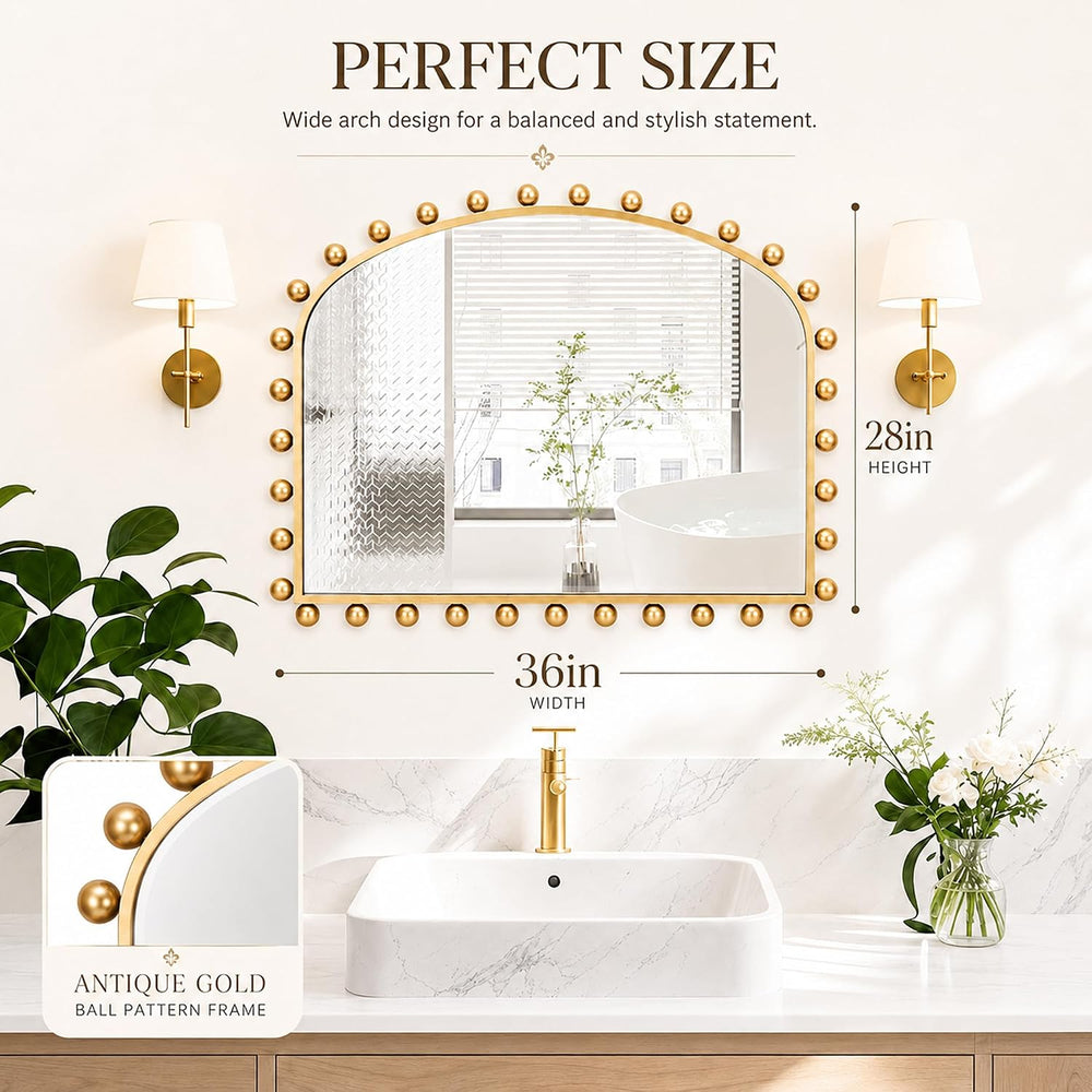 36"x28" Wide Arch Wall Mirror, Antique Gold Ball Frame for Mantel