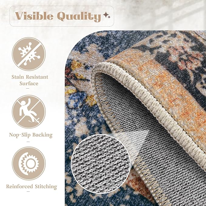 Area Rug 5x7 Washable Rug, Vintage Boho Medallion Rugs Non-Slip Soft Low Pile - Image 6