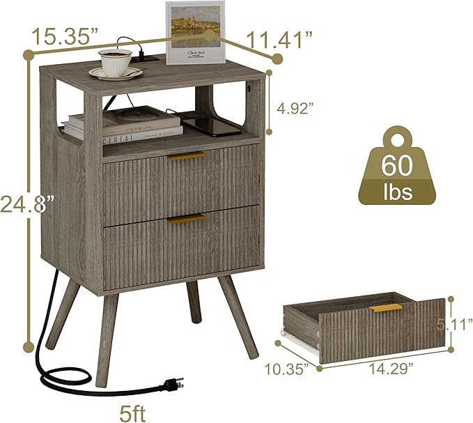 Nightstand with Charging Station and LED Lights,Modern Bedside Table with 2 S...