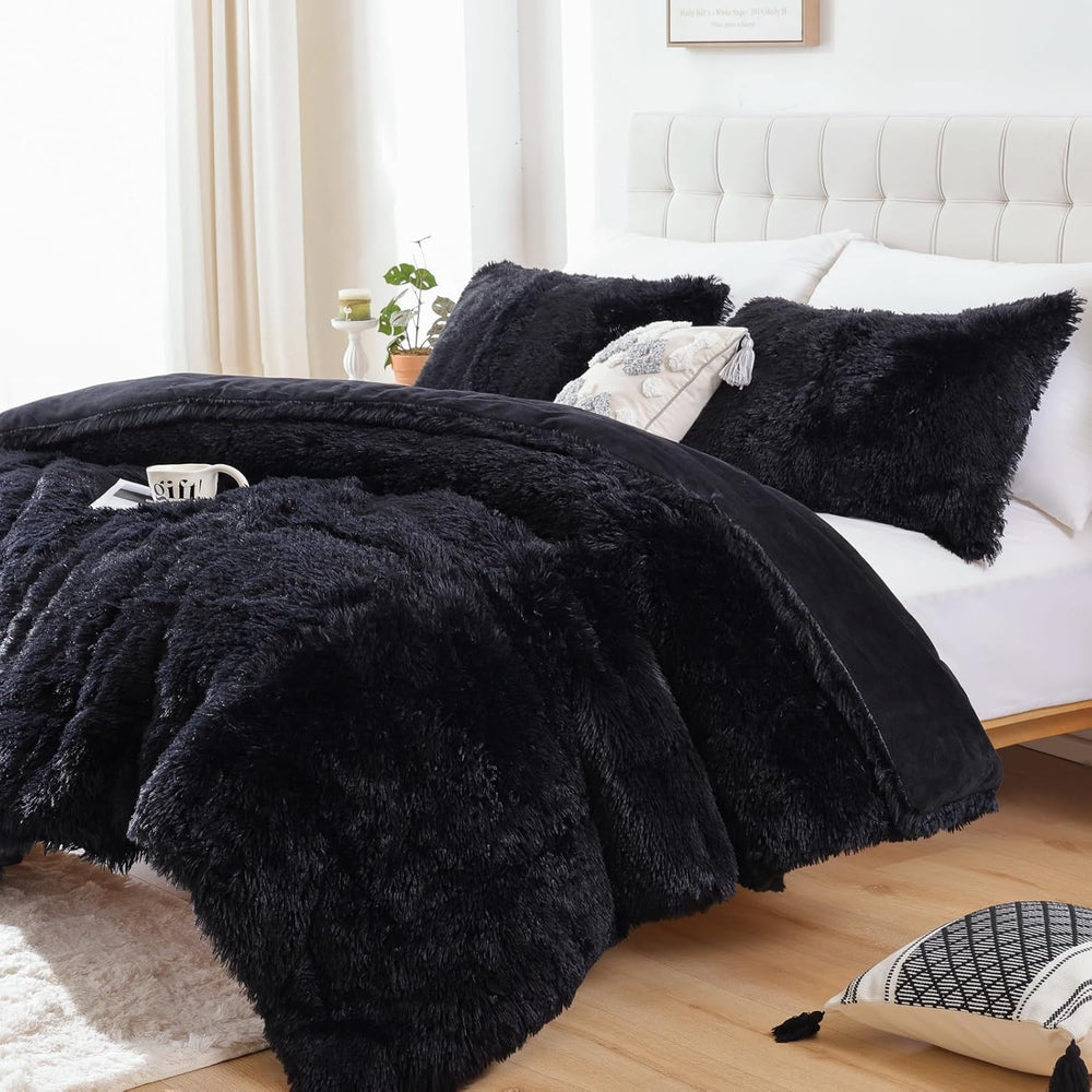 Smoofy Fluffy Queen Comforter Set, Black Faux Fur Comforter Set 3 Pieces