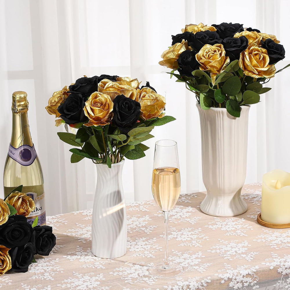 36 Pcs Silk Black Gold Rose Bouquet Bridal Artificial Flowers