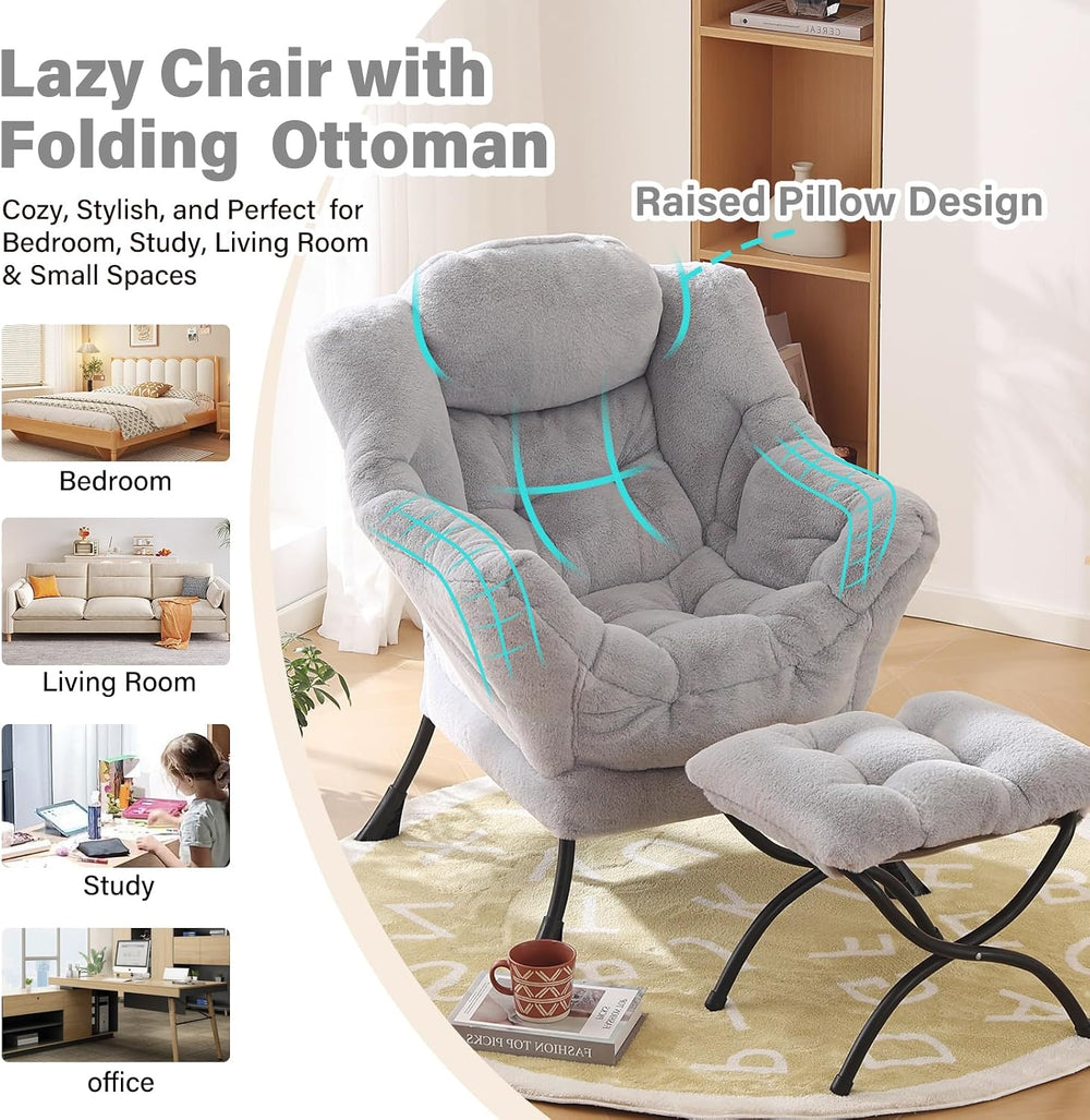 Furlide Lazy Chair with Ottoman, Comfy Reading Chair for Bedroom，Grey