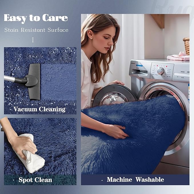 Navy Blue Round Rugs for Bedroom: 4ft Circle Fluffy Shag Soft Washable Rug - Image 4