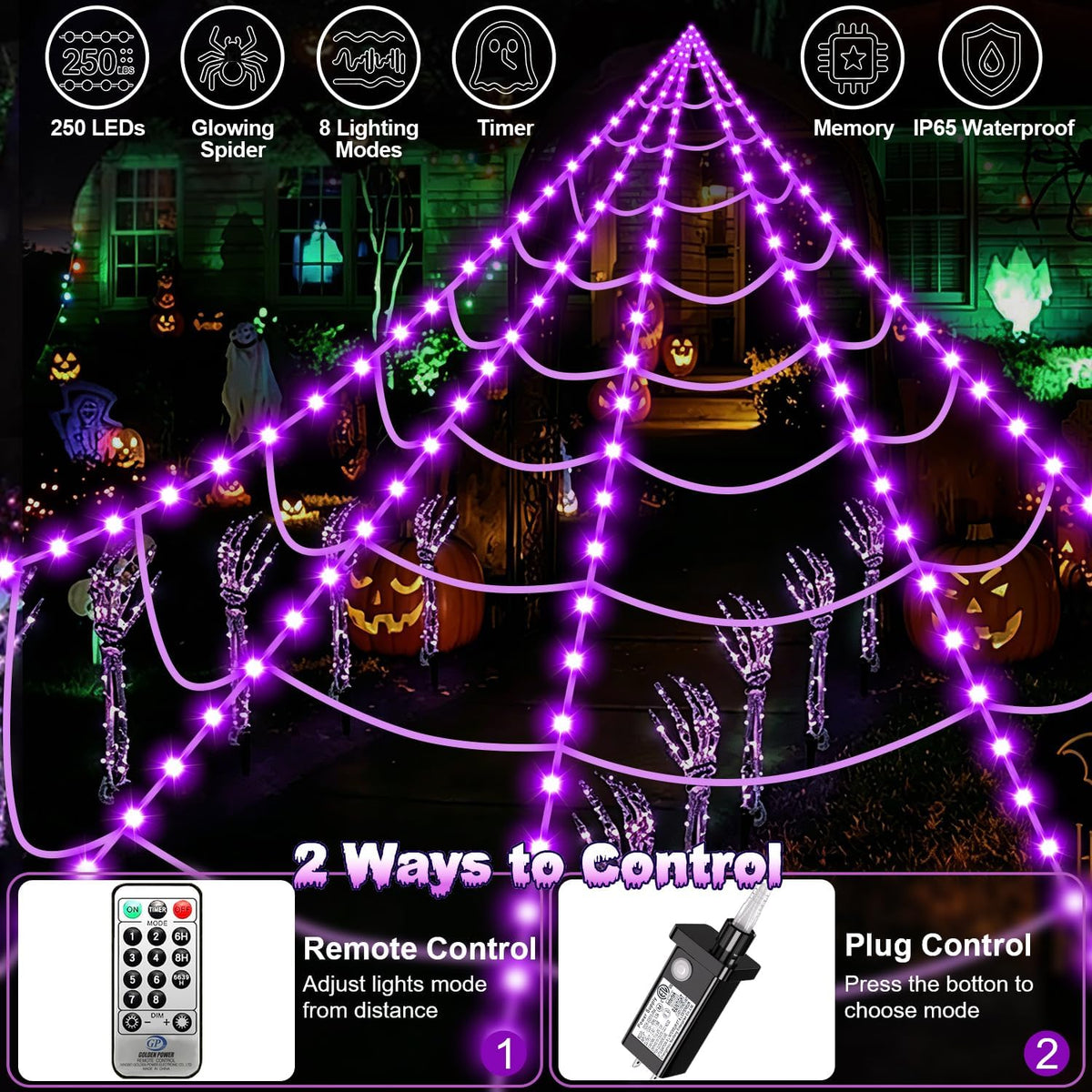Halloween Decorations Outdoor, 250 LED Halloween Giant Spider Web Lights, 200" Lighted Spiderweb Light up with 8 Modes for Yard Haunted House Decor, Remote Control Lighted Spider Dark Purple