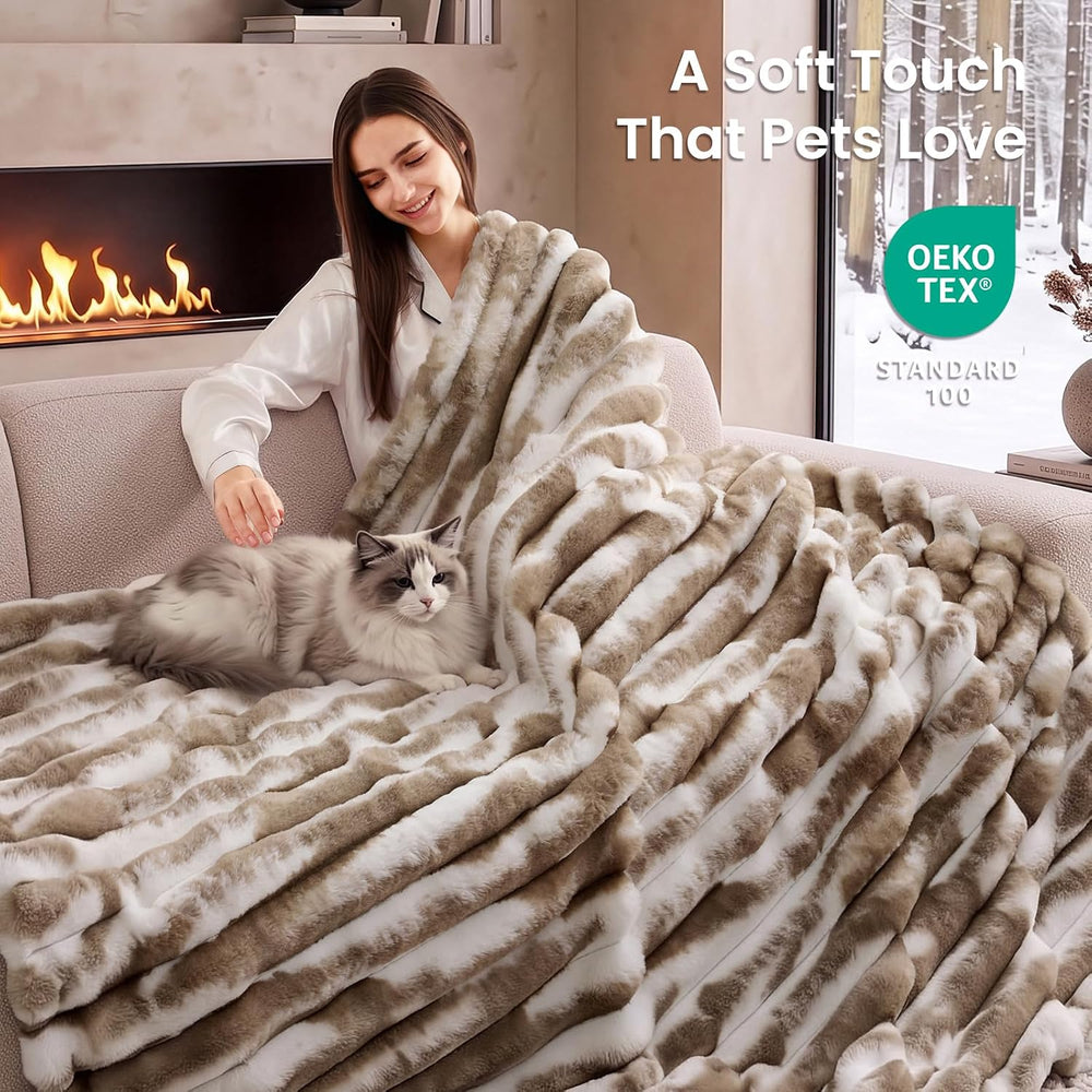 L'AGRATY Faux Fur Throw Blanket for Couch, 3D Striped, 50x60 Inches, Taupe