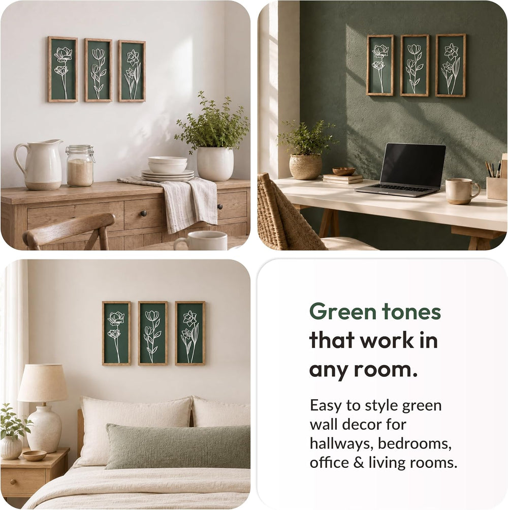 Tide and Tales 3d Green Wall Art, Wooden Botanical Wall Decor, Set of 3