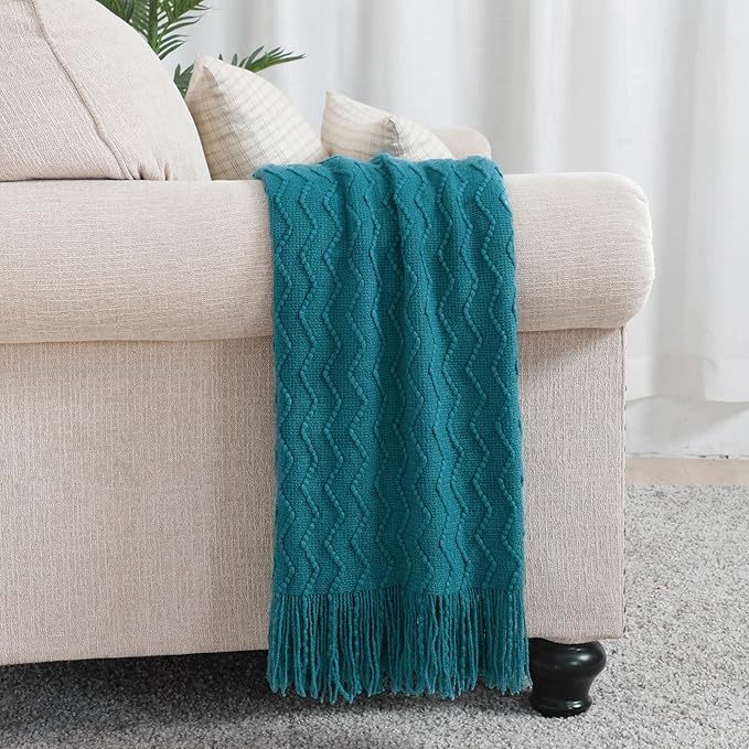 BOURINA Teal Throw Blanket 50x60 Inches Throw Textured Solid Soft Sofa Couch - Image 2
