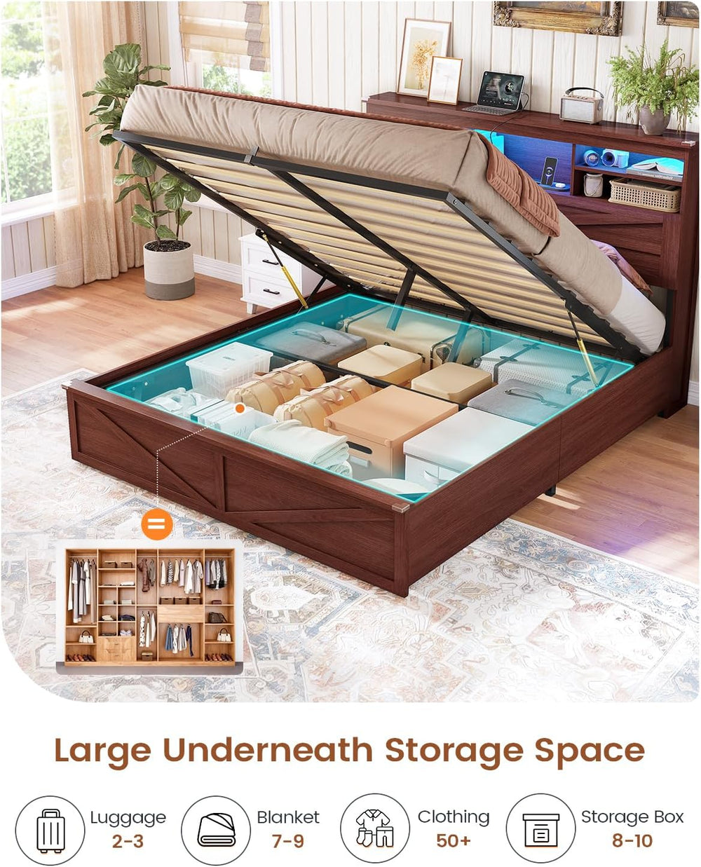 AOGLLATI Farmhouse Full Size Bed Frame with Lift Up Storage,Brown