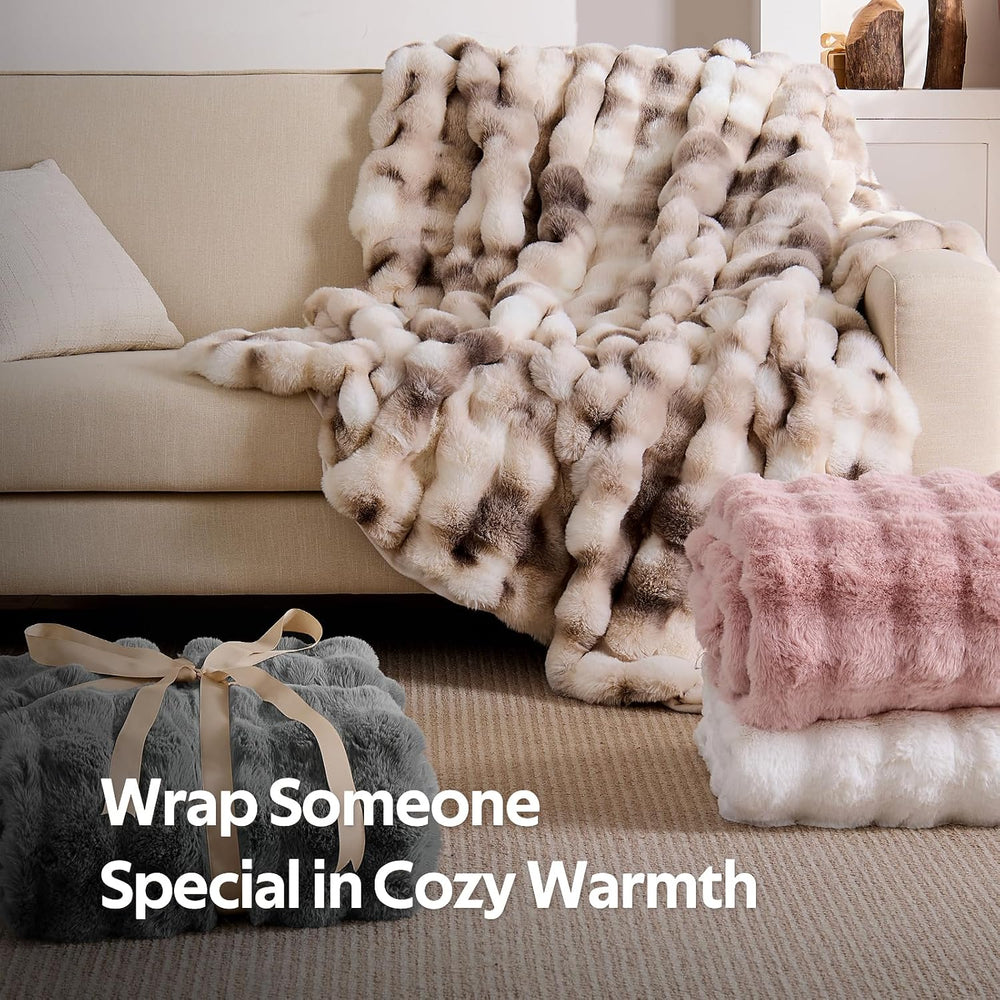 Fluffy Faux Fur Bubble Throw Blanket, 50'' x 60'', Tie-Dye Brown