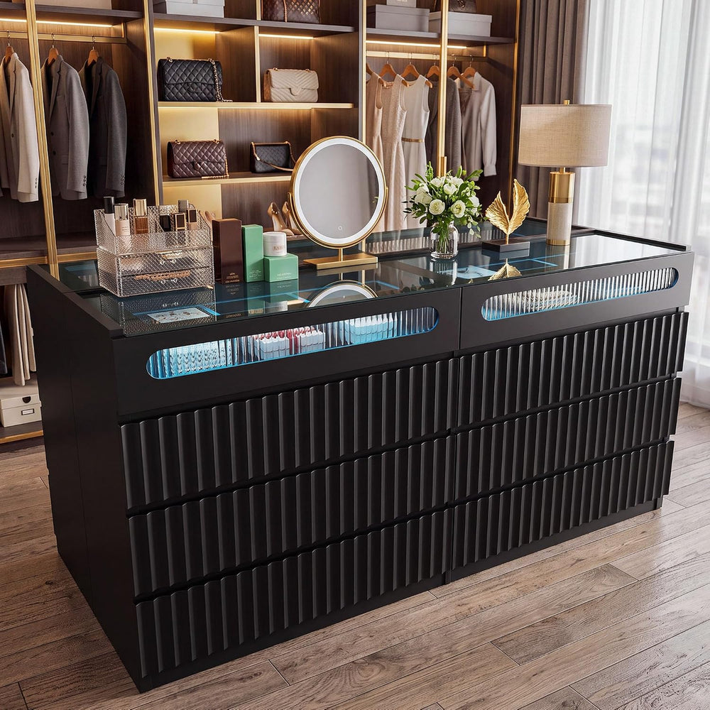 Modern 16 Drawer Wardrobe Armoire,Fluted Island Dresser Bedroom,Black
