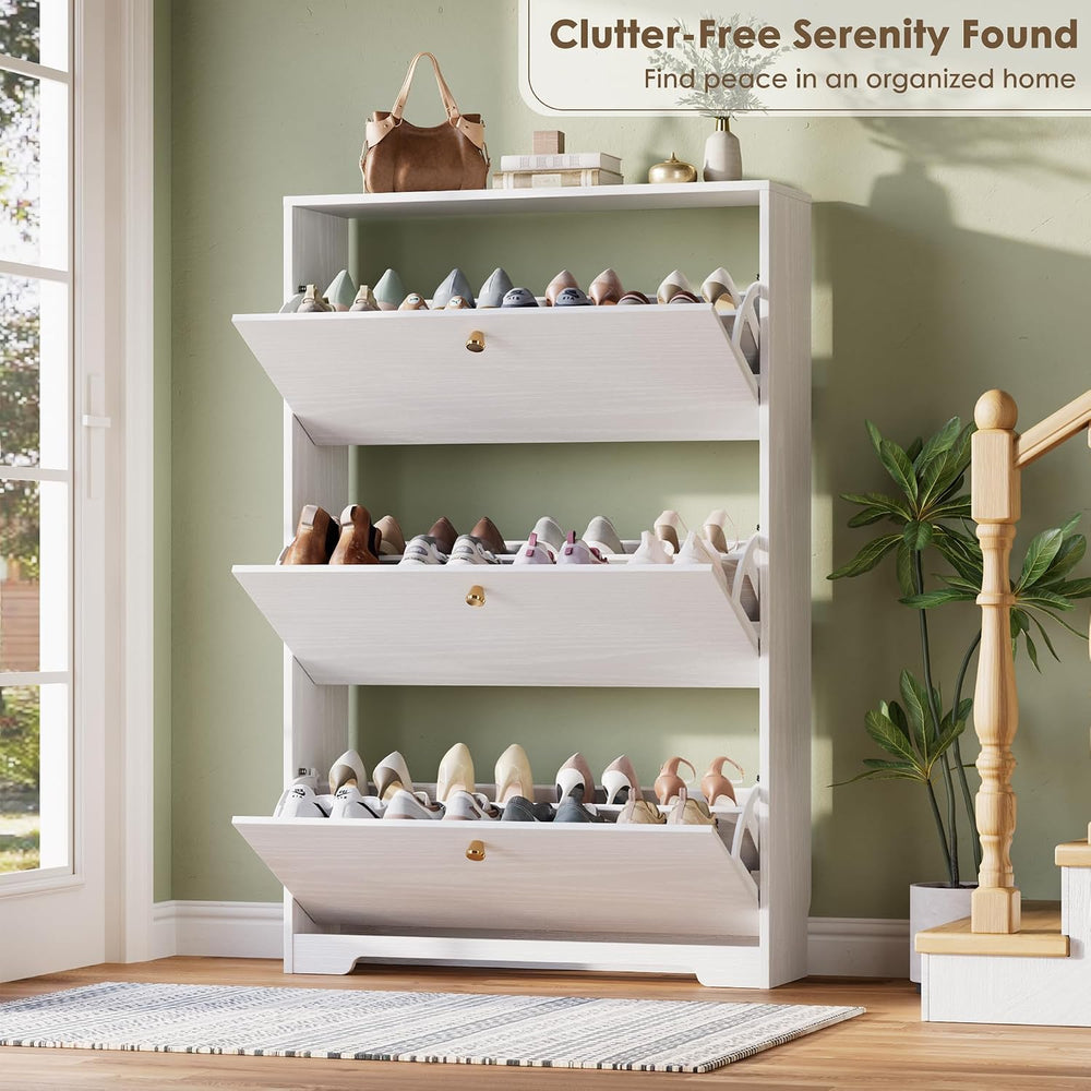 Shoe Cabinet with 3 Flip Drawers, Narrow Shoe Organizer Cabinet, Freestanding...