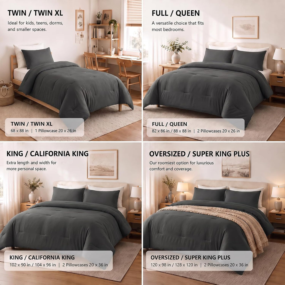 CozyLux Full Comforter Set, 3 Pieces Down Alternative Bedding, Dark Grey