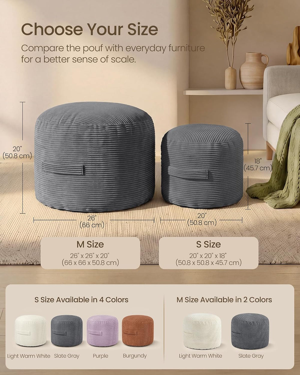 SONGMICS Stuffed Pouf Ottoman, 20" Round Foot Rest with Side Handle