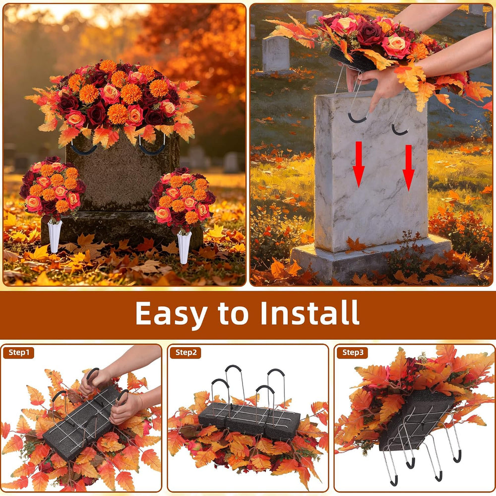 Lodou 3 Piece Cemetery Flowers Set – Large Headstone Floral Saddle Artificial...