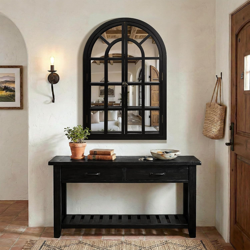 Arched Wall Mirror with Windowpane, 26"x38" Black Wood Mirror for Wall