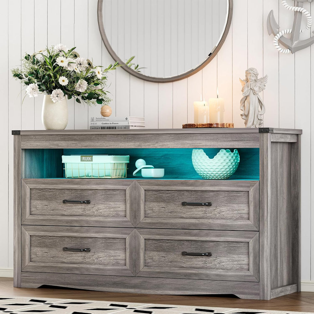 Xixini Dresser for Bedroom with LED Lights, 4-Drawer Grey Chest of Drawers
