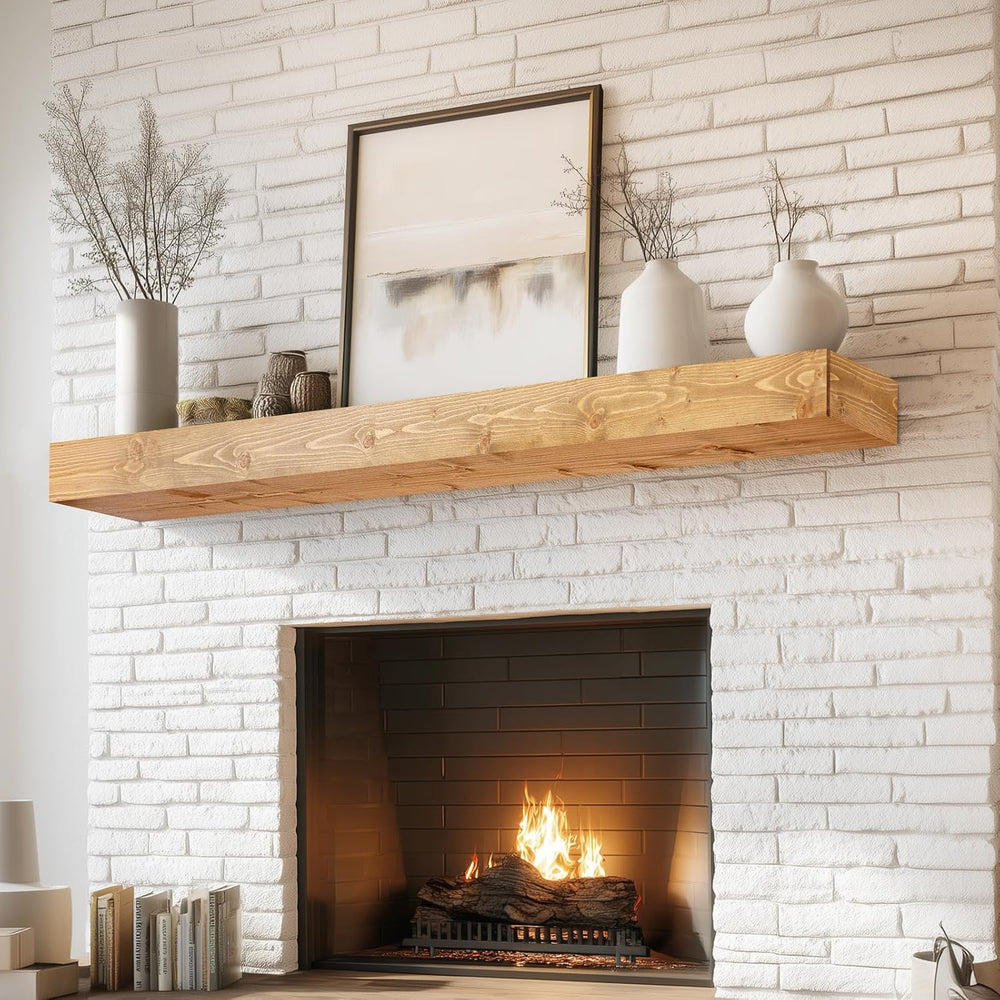 48x8x3in Rustic Fireplace Mantel Pine Wood, Natural Wood