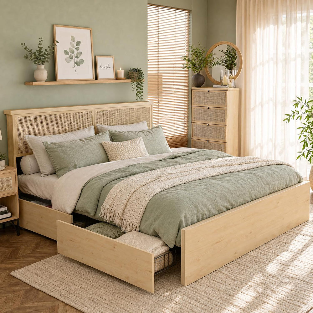 Queen Bed Frame with Natural Rattan Headboard and Wooden 4 Storage Drawers, M...