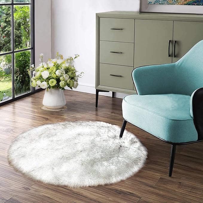 Latepis Small Circle Rug Round Rug 4ft Faux Sheepskin Fur Rug White by Latepis