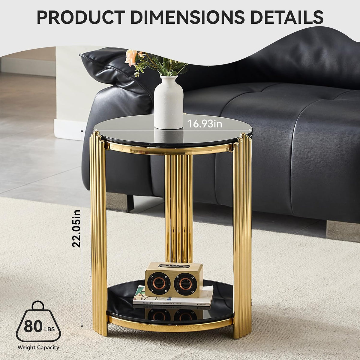 16.9'' Round Glass End Table with Gold Steel Frame, 2-Tier Sofa Side Table with Black Glass Top and Lower Shelf, 20 x 22 Inches, Modern Round Accent Table for Living Room