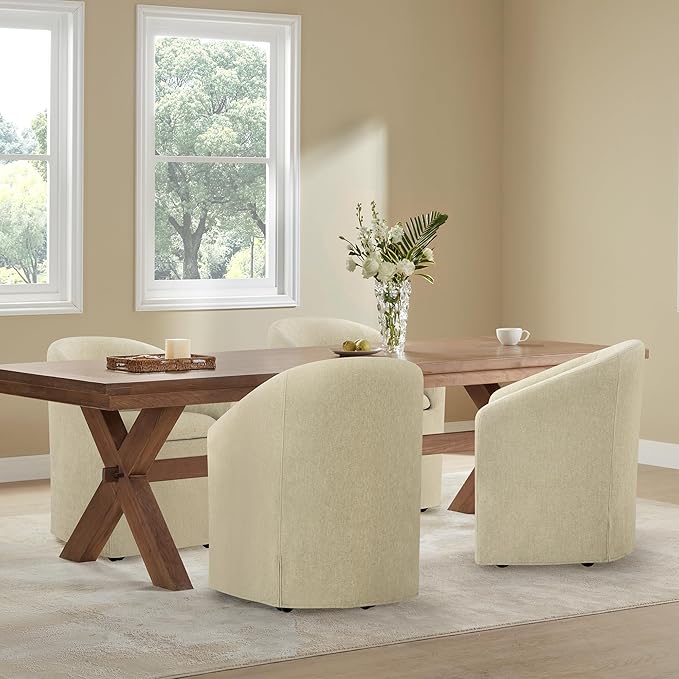 Upholstered Dining Chairs with Casters, Washable Cover Modern Dining Room Cha...