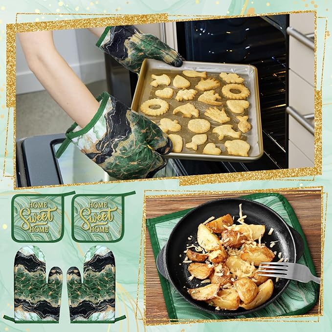 Bencailor 6 Pcs Marble Kitchen Decor Gold Pot Holders Oven Mitts 2 Dish Towels - Image 6