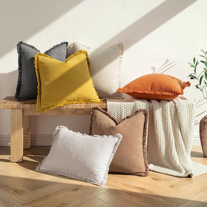 MIULEE Decorative Throw Pillow Covers Neutral Linen Fringe Throw Pillows Euro - Image 6