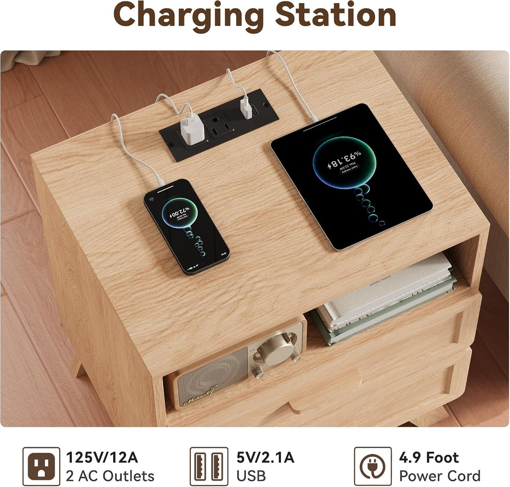 YANSNWO Natural Nightstand with Charging Station, 23.6" Tall Bedside Table