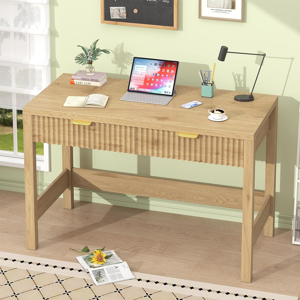 YOMILUVE Fluted Computer Desk with 2 Drawers, 39 Inch Small Computer Desk wit...
