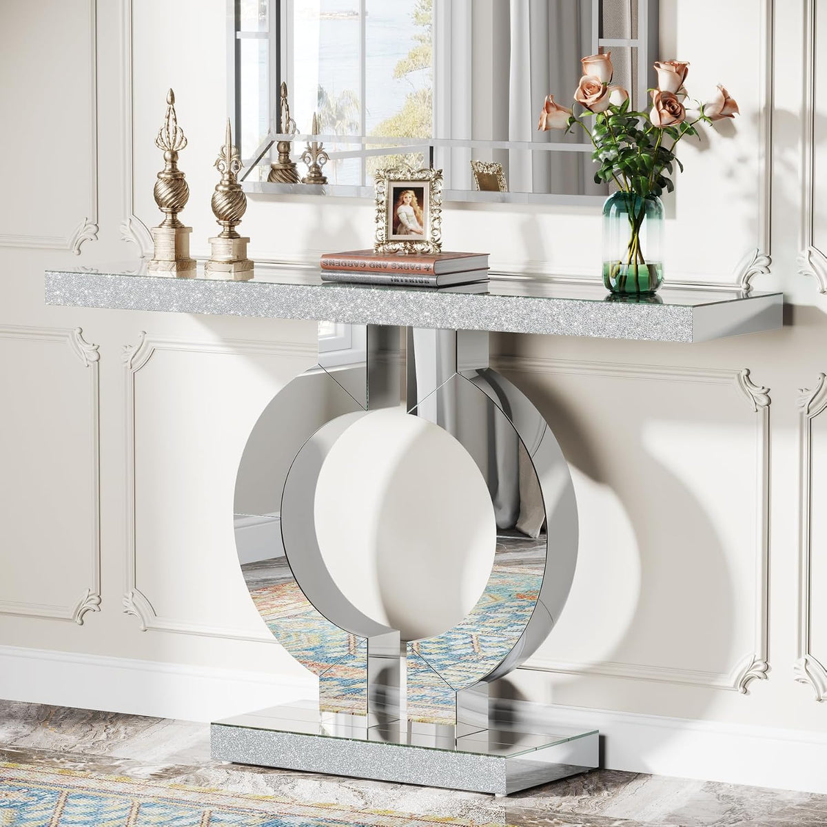 tribesigns modern mirrored console table, glass sofa table, main product view